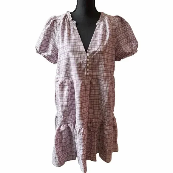 ModCloth Lavender Plaid Mini Dress Size Large V-Neck Short Sleeve Pockets EUC - Picture 2 of 12